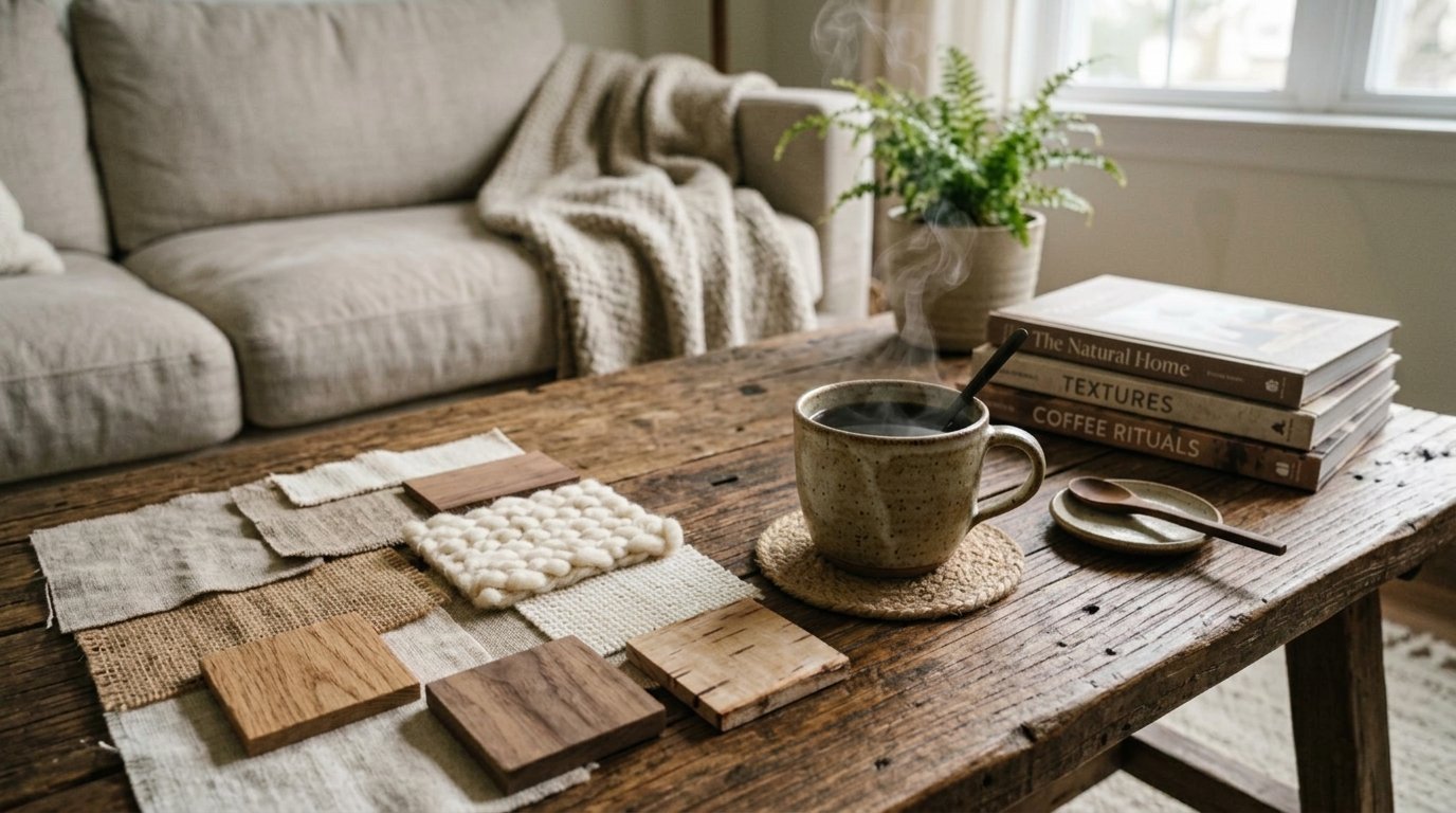A rustic wood coffee table holding a steaming cup of coffee, various fabric swatches, wood blocks, and stack of books.