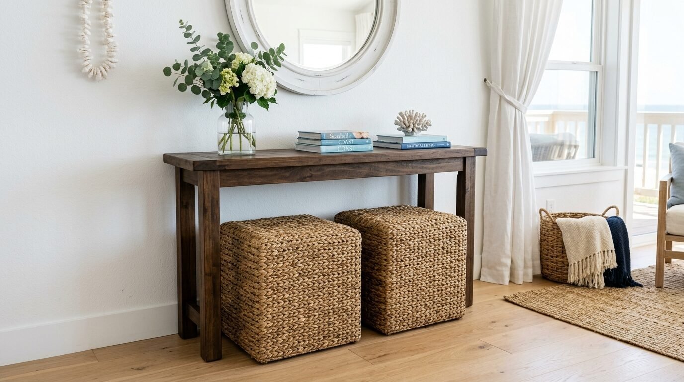 A wooden entryway table with two square woven stools, topped with books, a flower vase, and a white coral sculpture.