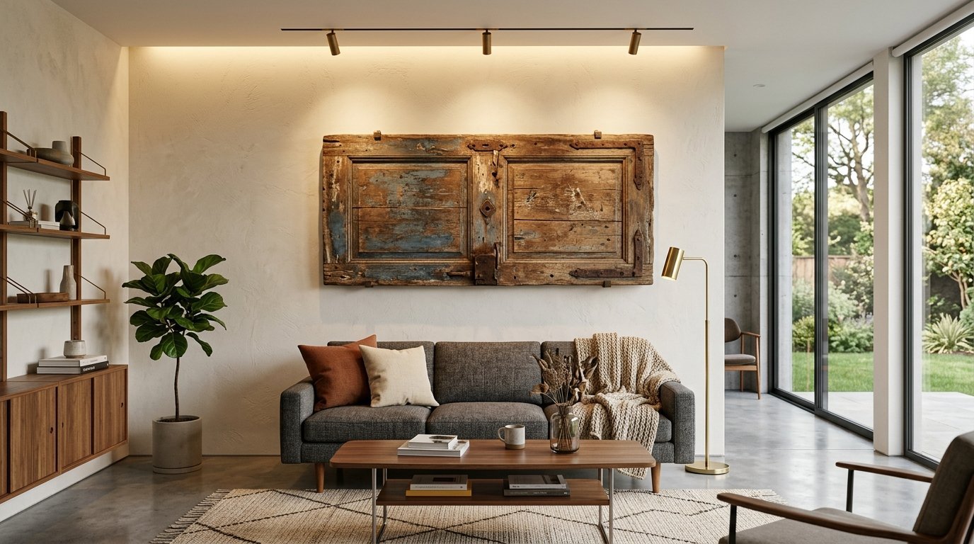 Modern interior with a grey sofa and an antique wooden door panel displayed as a decorative focal point.