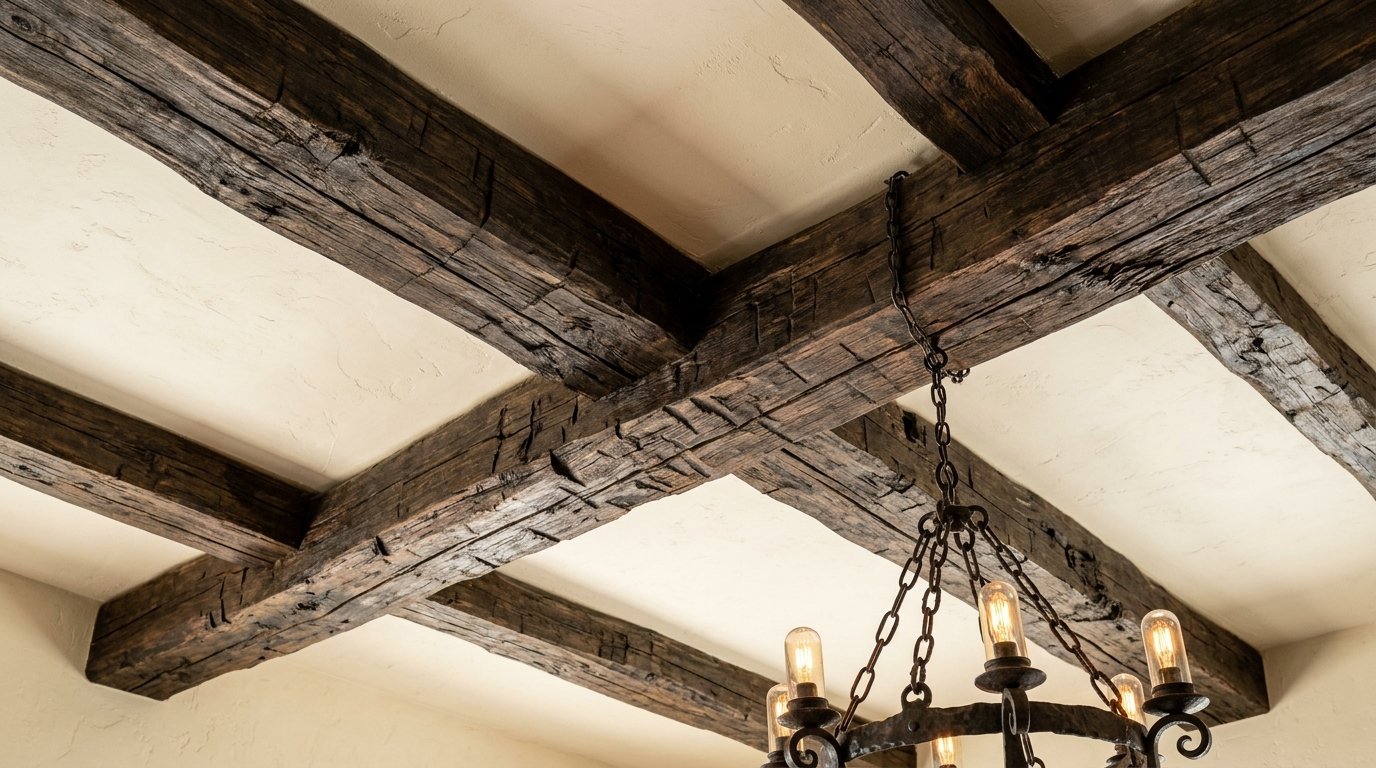 Close up view of distressed reclaimed wood beams and a vintage metal chandelier fixture.