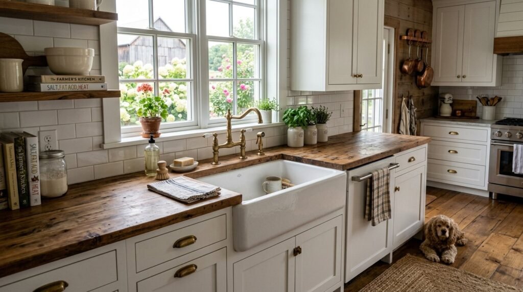 A bright and airy rustic farmhouse kitchen featuring white cabinetry and wooden accents.