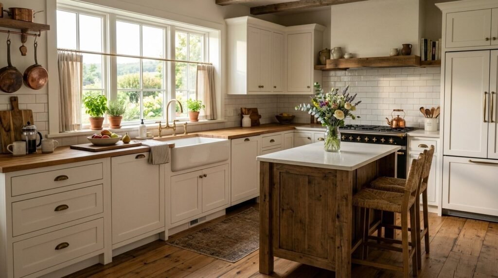 A warm and inviting rustic farmhouse kitchen with wooden cabinets and modern rustic decor.