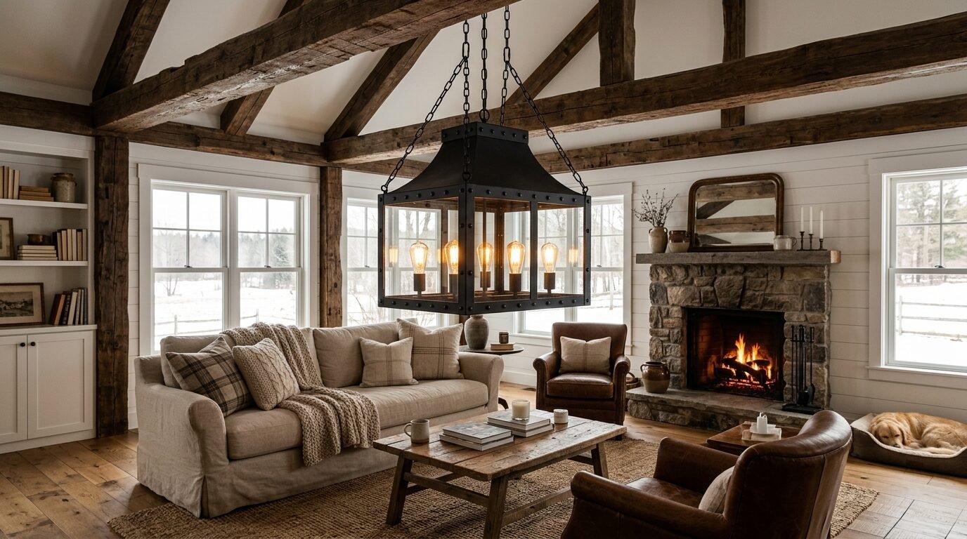 Rustic farmhouse living room featuring a large lantern chandelier, stone fireplace, leather armchairs, and a beige sofa.