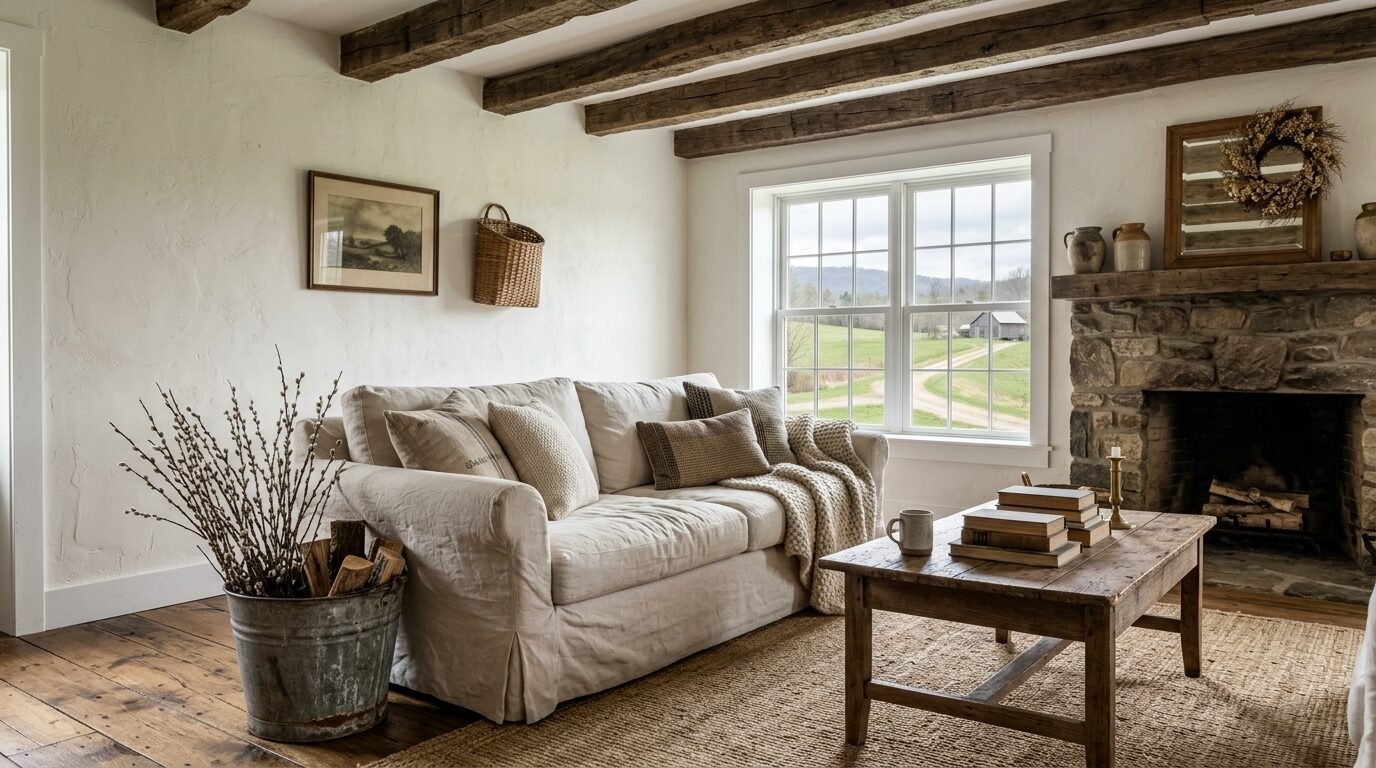 A beige slipcovered sofa sits in a living room with wooden ceiling beams, a stone fireplace, and a coffee table.