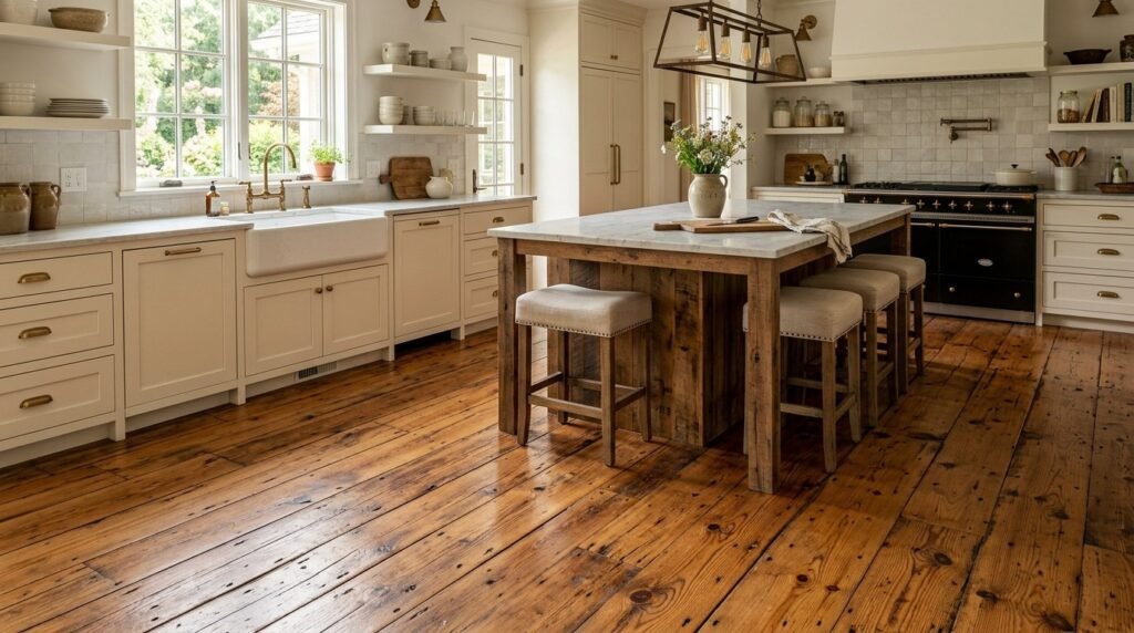Close-up view of polished reclaimed antique heart pine flooring planks showing rich grain textures.