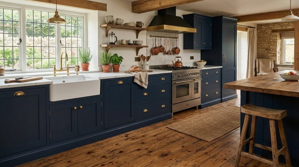 A cozy rustic kitchen featuring wooden cabinets and vintage farmhouse decor.