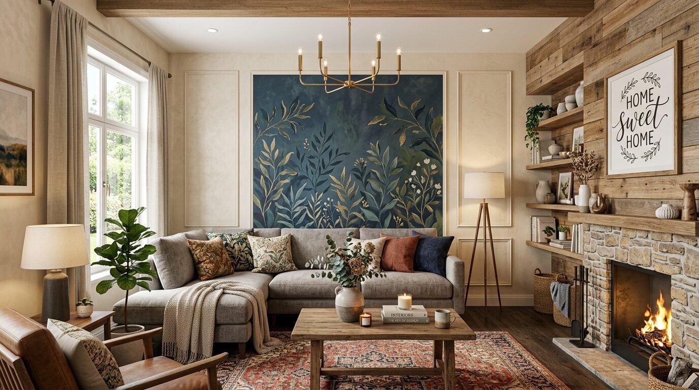 A grey sectional sofa sits before a dark blue mural with gold botanical designs in a cozy living room with a fireplace.