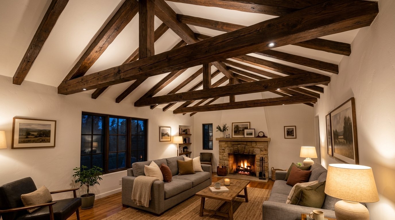 A warm living room with vaulted ceiling, heavy timber rafters, two grey sofas, and a lit stone fireplace.
