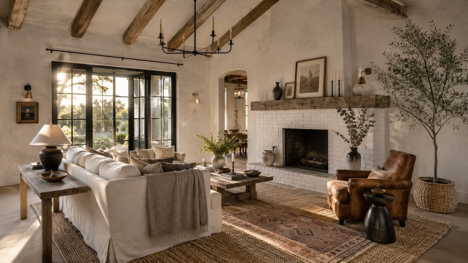 Bright living room with white slipcovered sofa, leather armchair, wood beams, and a white brick fireplace at sunset.