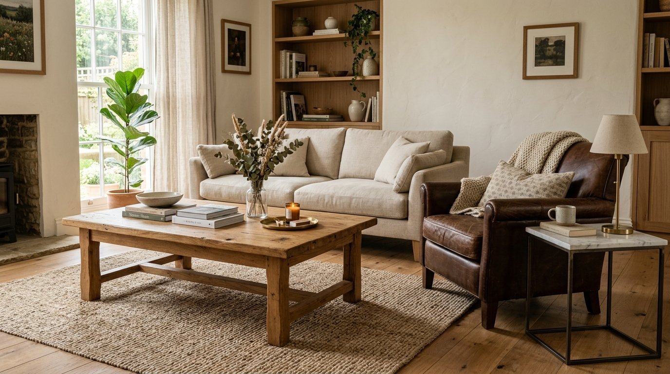 Rustic living room with a reclaimed wood coffee table, beige couch, brown leather chair, and a woven rug.