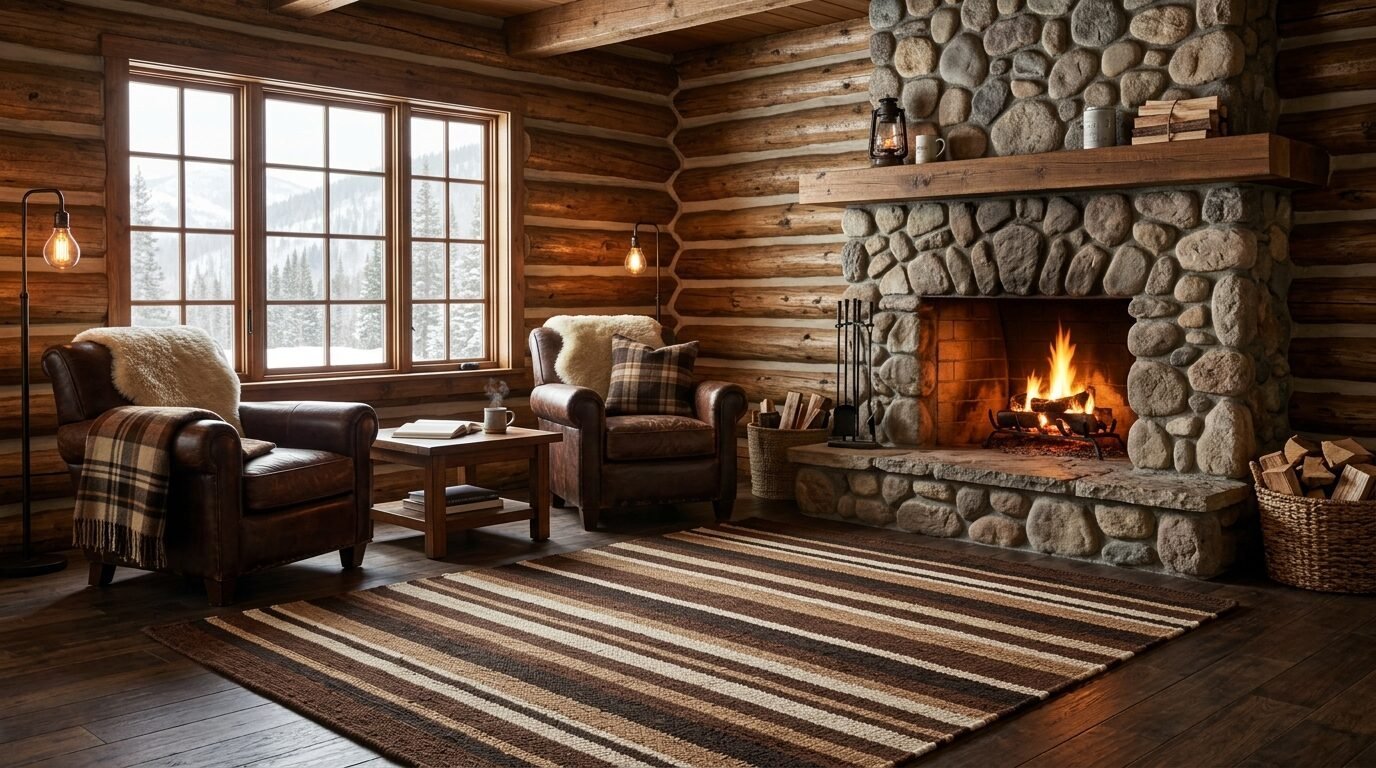 Leather armchairs near a stone fireplace and a striped rug inside a cozy wooden cabin.