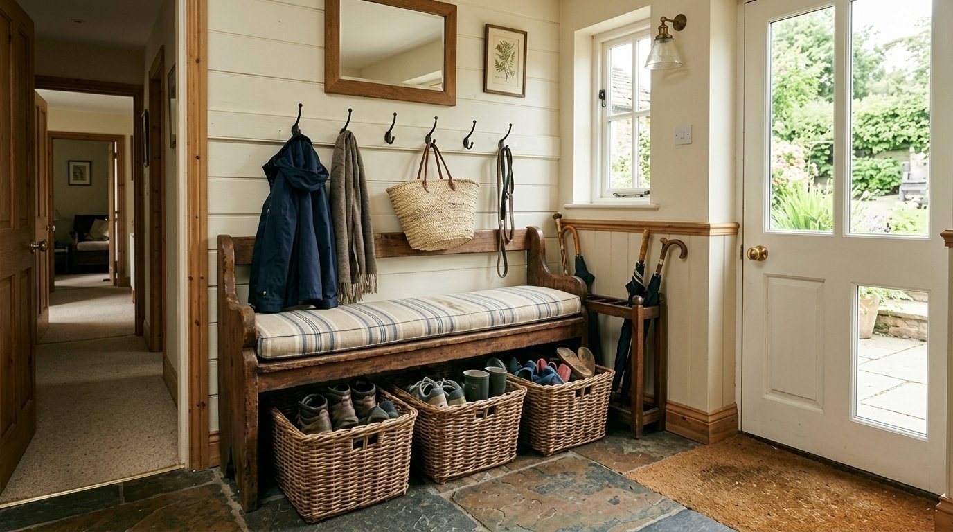 Wooden mudroom bench with a striped cushion, hanging coats, and storage baskets on a stone floor.