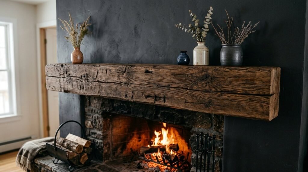 A stunning rustic fireplace featuring a heavy natural oak beam mantelpiece in a bright, modern living room interior.