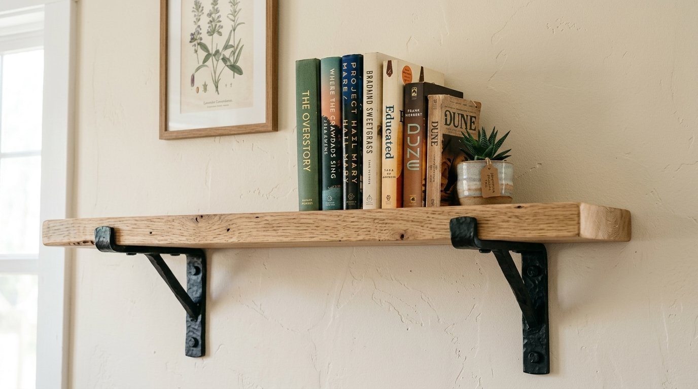 A live-edge oak wooden shelf with black metal brackets holding a collection of hardcover books and a small succulent.