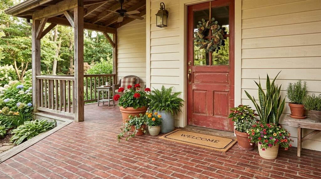 A beautiful rustic porch with wooden furniture and warm decorative lighting.
