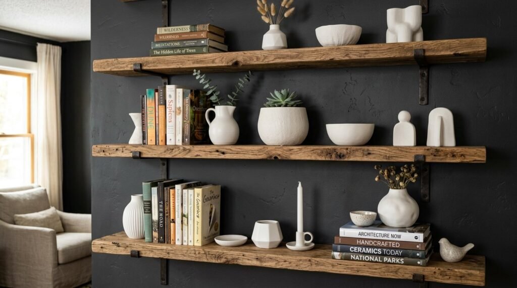 Close up view of rustic reclaimed wood wall shelves with natural textures and grains.