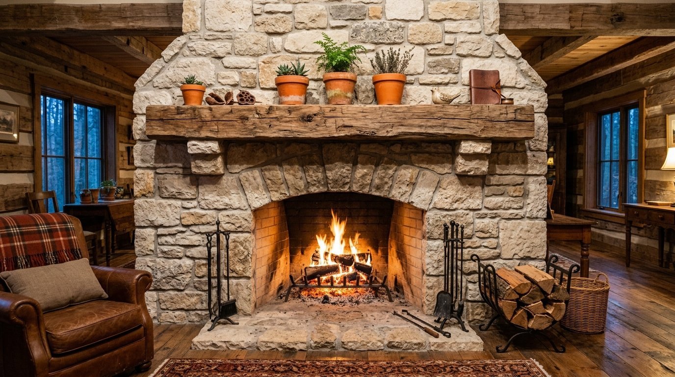 A roaring fire inside a floor-to-ceiling stone hearth with potted plants on a wooden mantel in a rustic cabin.