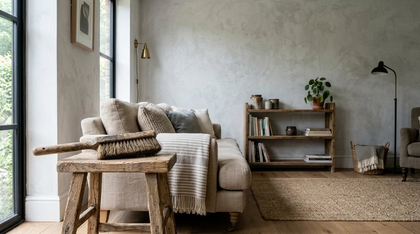 A rustic wooden stool with a brush sits in front of a beige sofa featuring striped blankets and pillows.