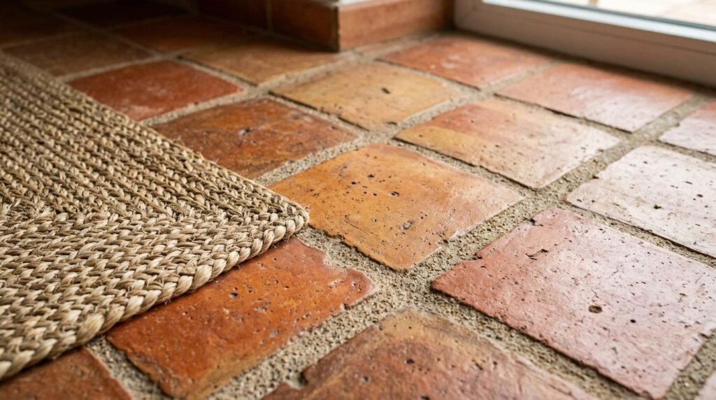 Close up view of rustic terracotta floor tiles with earthy red tones in a home setting.