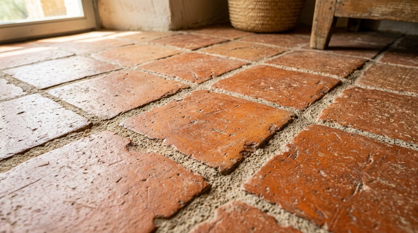 Close-up view of uneven, aged red clay floor tiles with textured grout lines.