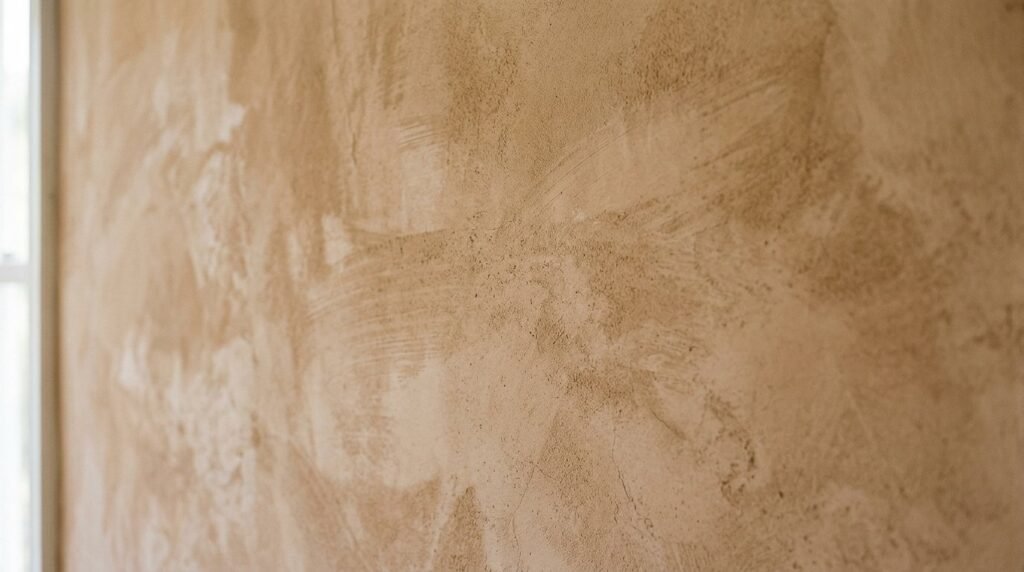 A close-up view of a rustic interior wall featuring a smooth lime wash textured finish.