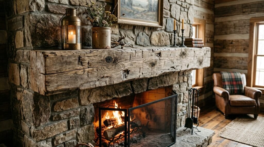 A cozy living room featuring a massive rustic timber beam fireplace mantel.