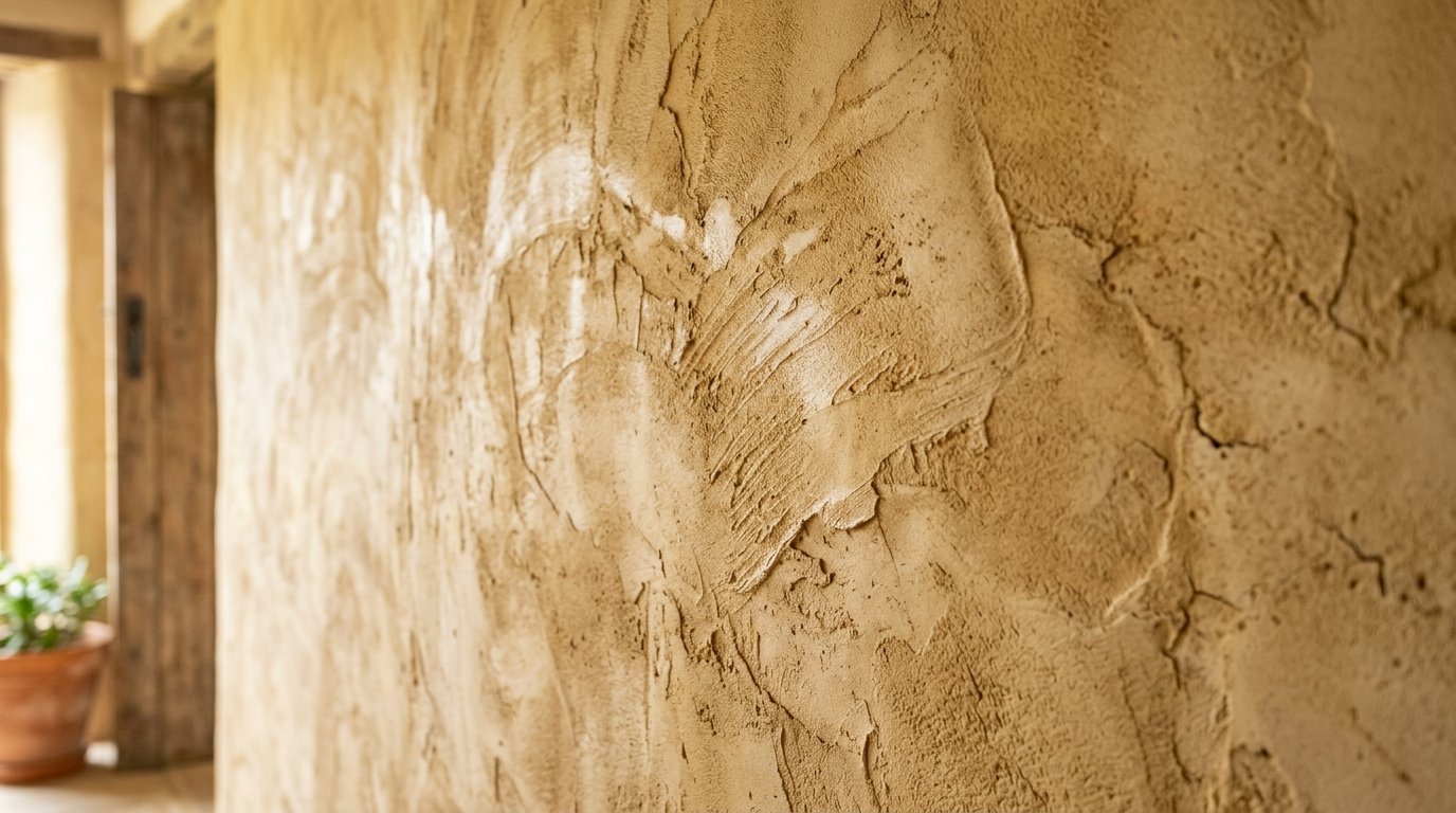 Tan earthen wall with thick trowel marks and visible plaster texture
