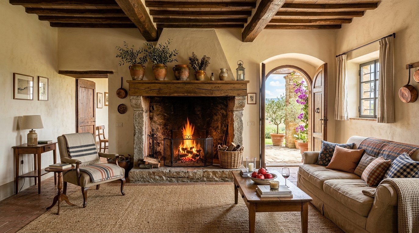 A sunlit Mediterranean living room with a crackling fire and stone fireplace, open to a terrace.