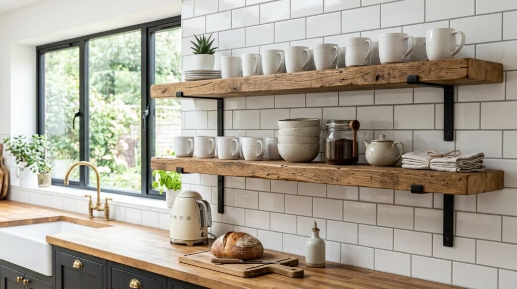 Close up of high quality rustic wood shelving units mounted on a neutral interior wall.