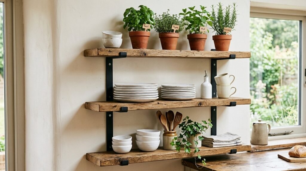 Close up view of high quality rustic wood shelves arranged neatly against a neutral wall.