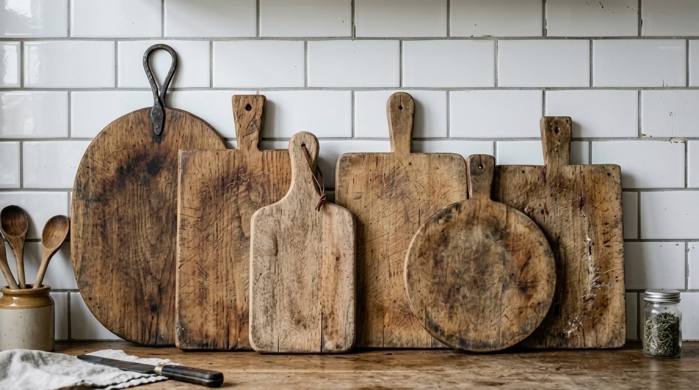 Vintage wooden kitchen boards in various shapes arranged on a counter against white subway tiles.