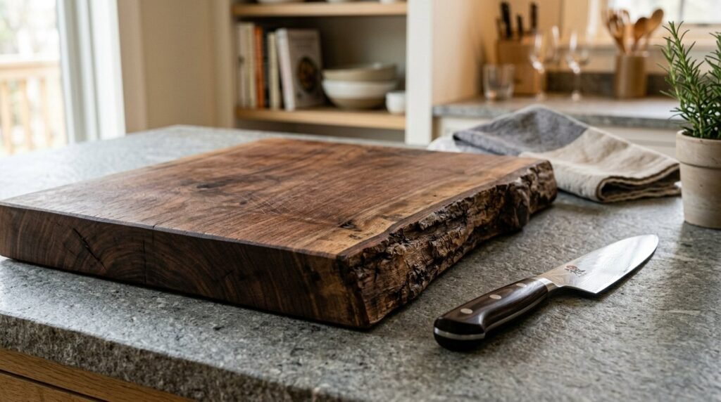 A high-quality handcrafted wooden cutting board resting on a kitchen countertop.