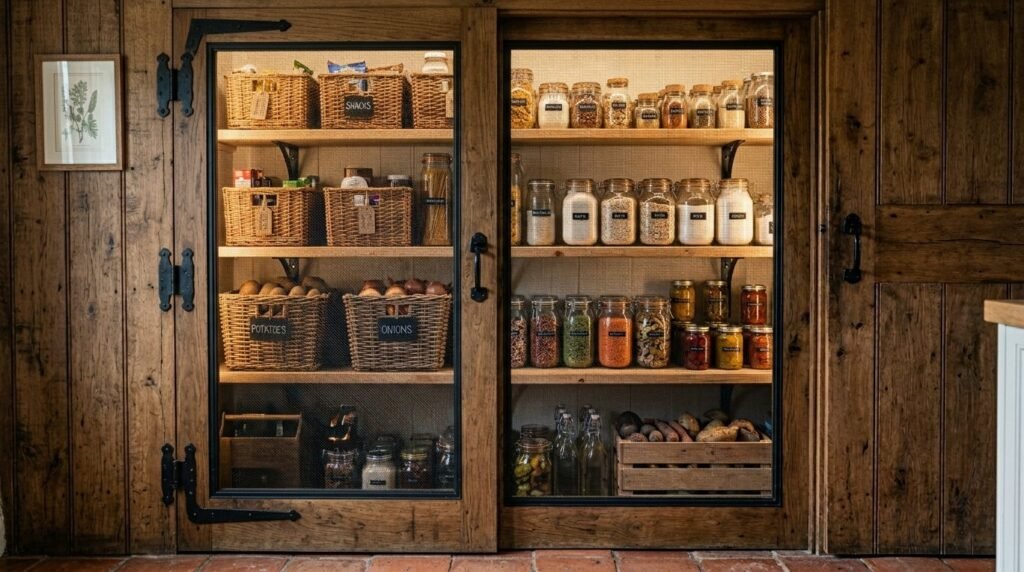 Close up of a handcrafted wooden pantry door with a rustic finish.