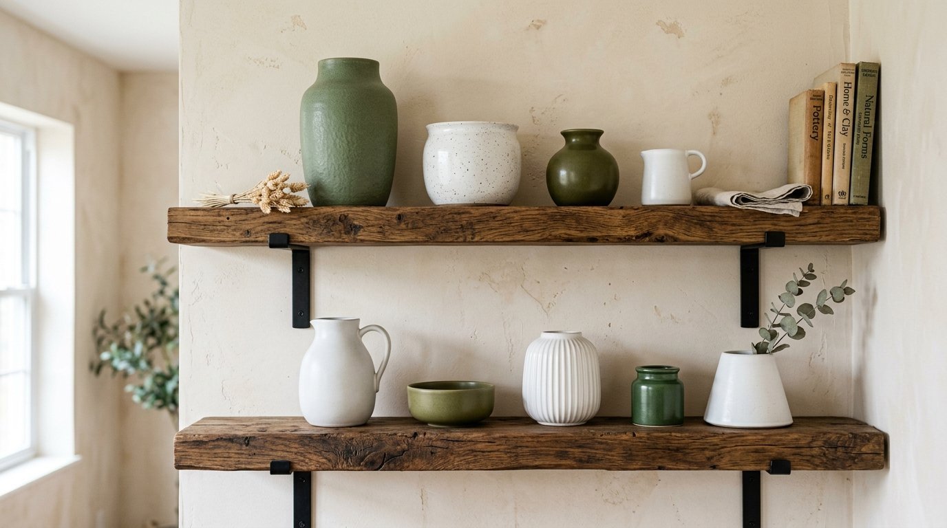 Two floating wooden shelves on a textured wall holding assorted green and white stoneware and hardcover books.