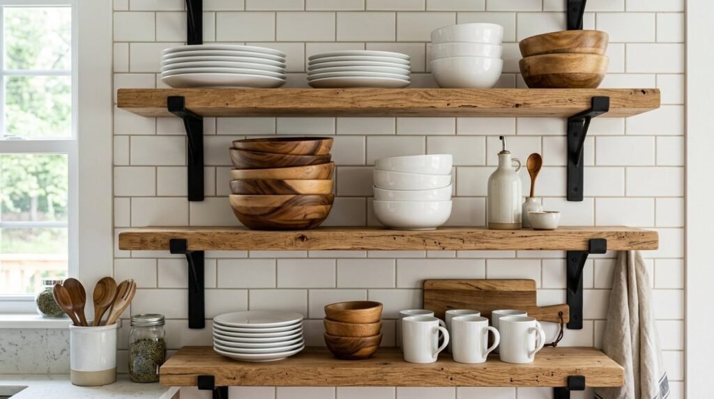 Close up of empty rustic wooden shelves mounted on a clean white wall for home decor.