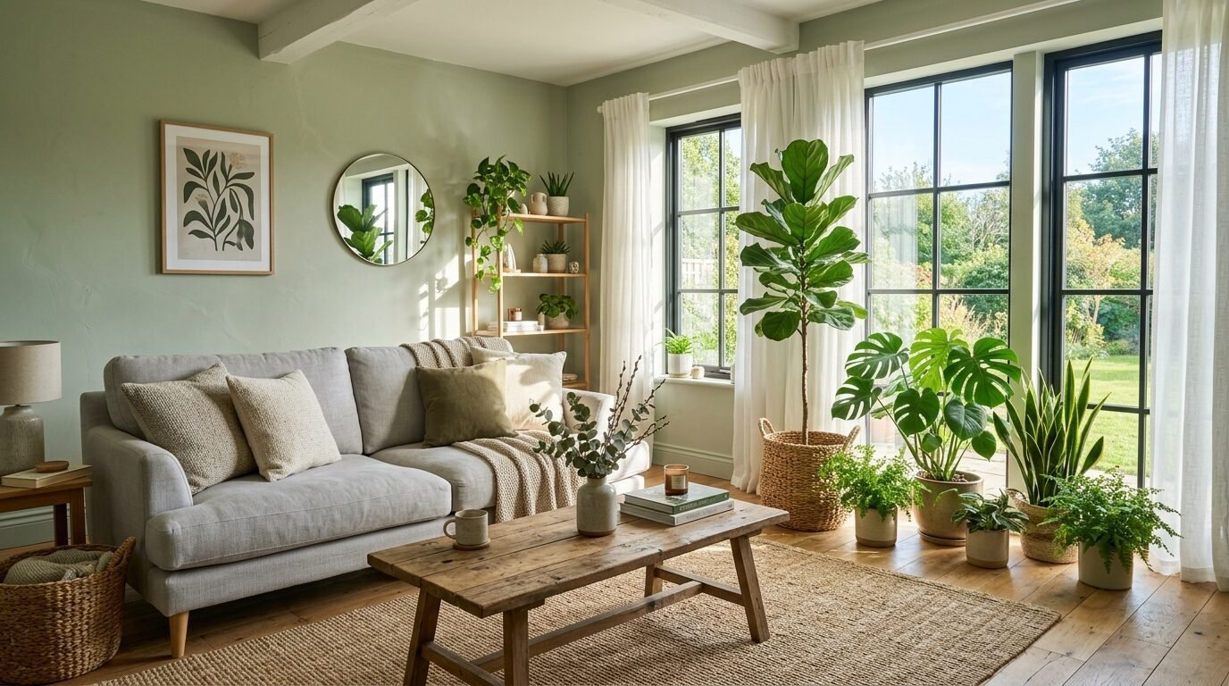 A serene living room with sage walls, a light grey sofa, a wooden coffee table, and various indoor plants.