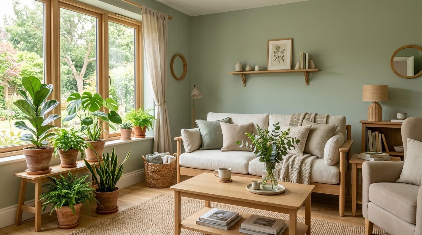 A cream sofa sits in a green room with a wooden coffee table and many potted plants near a window.