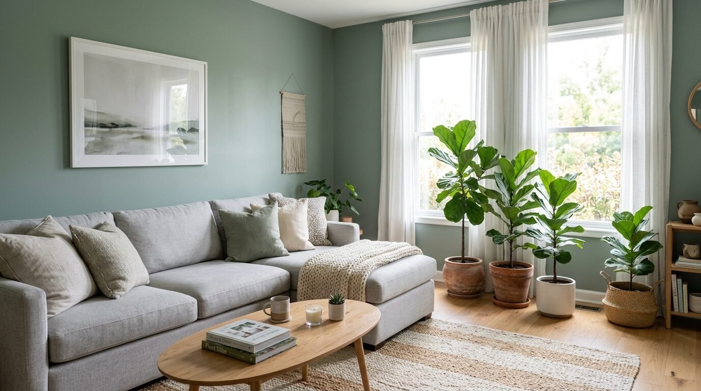 A grey sectional couch placed against a sage green wall next to several fiddle leaf fig plants by a sunny window.