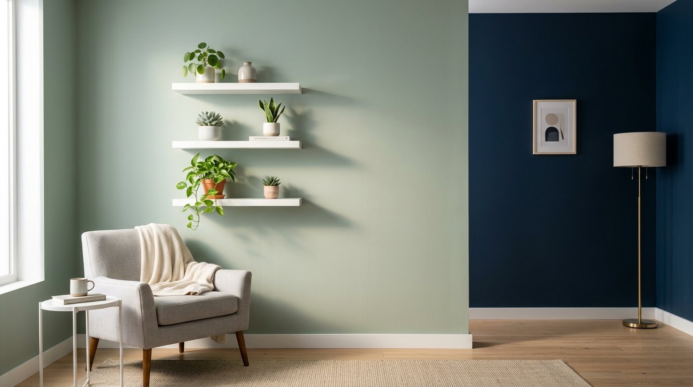 Grey accent chair beside a sage green wall adorned with three white floating shelves holding various potted plants.