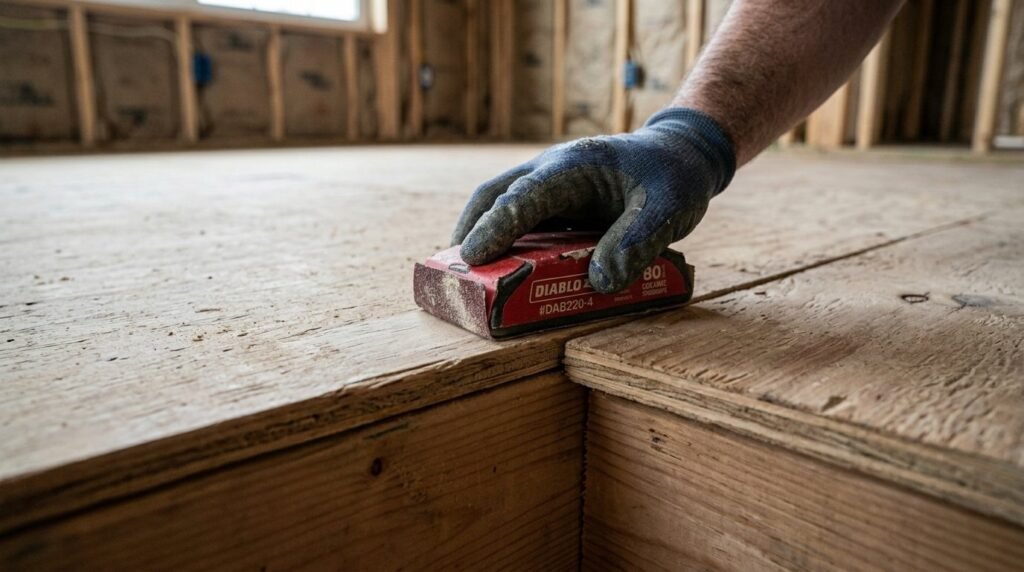 A professional hand using a sanding block to smooth a piece of raw timber in a woodworking shop.