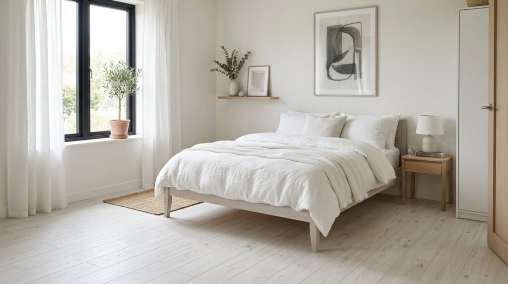 A minimalist Scandinavian bedroom featuring light wood furniture, neutral bedding, and soft natural lighting.