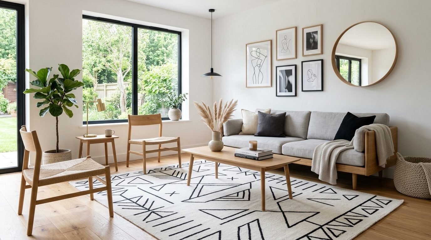 Modern living room with a light grey couch, wooden furniture, and a black and white patterned rug.