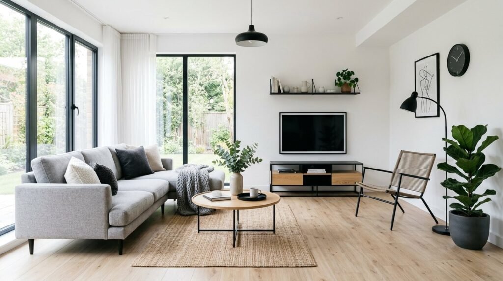 A modern Scandinavian living room featuring light wood furniture, neutral textiles, and minimalist decor.