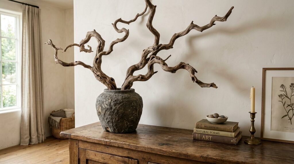 A artistic close-up of a unique sculptural branch highlighting natural textures and minimalist design.