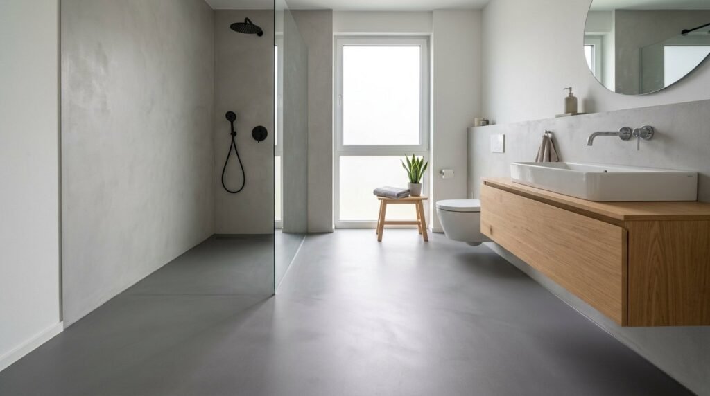 High angle view of a clean and polished seamless gray resin floor interior