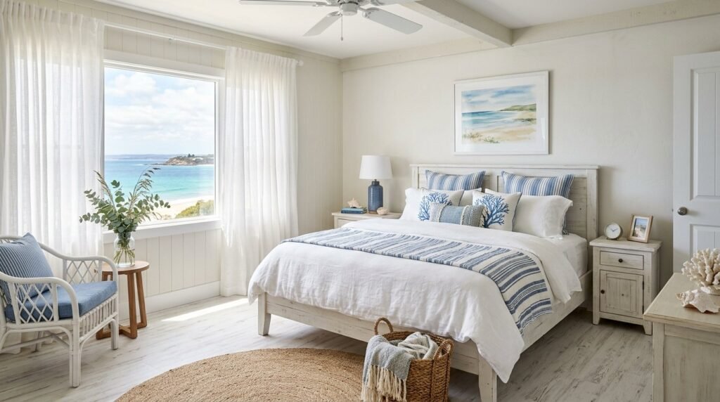 A beautiful coastal bedroom featuring soft blue tones and natural decor elements.