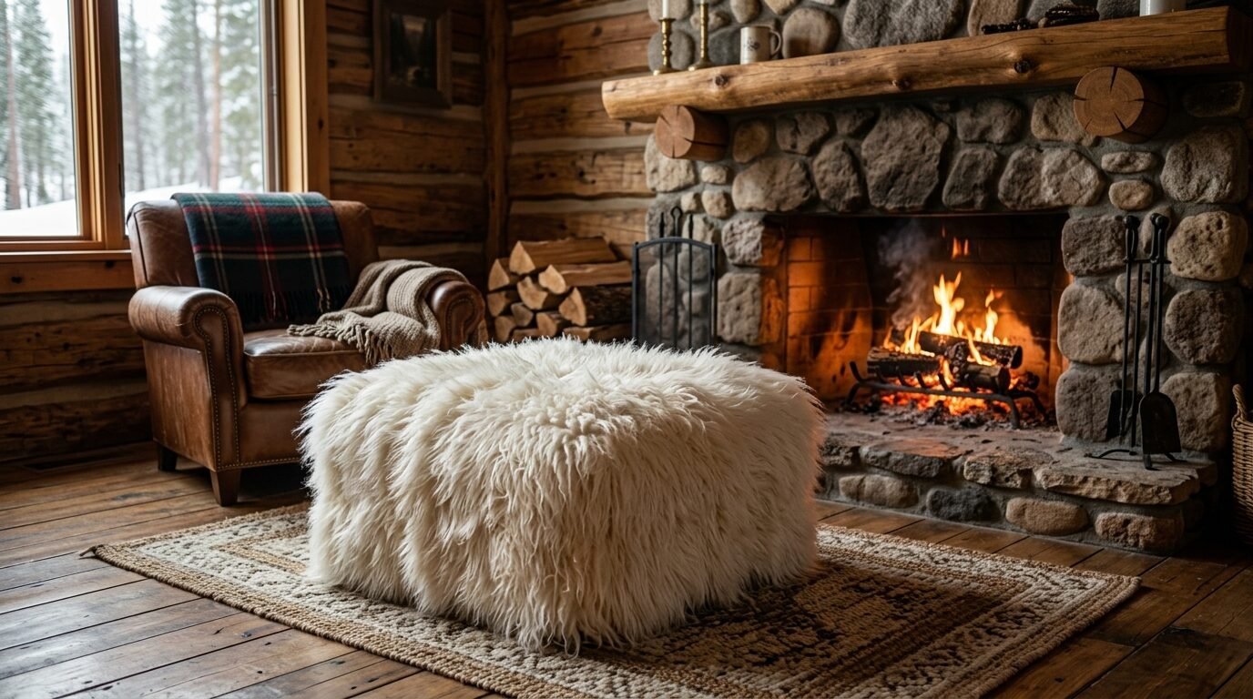 A fluffy white sheepskin ottoman sits on a woven rug in front of a stone fireplace inside a log cabin.