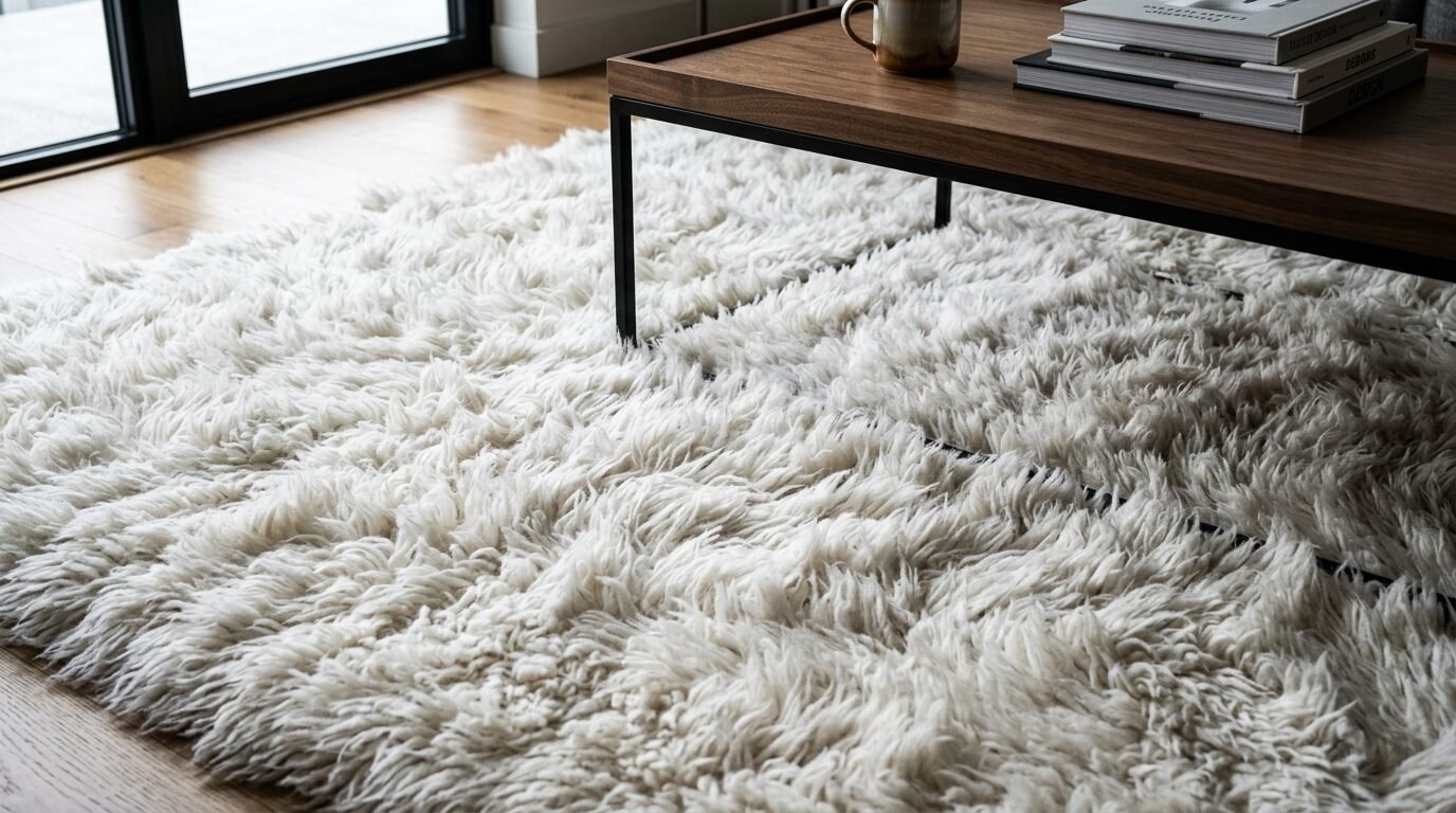 Close up of a thick, shaggy white area rug positioned on a light wooden floor beneath a dark wood table.