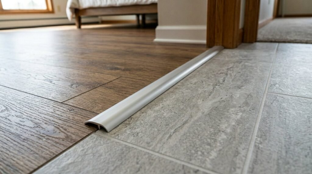 Close up view of silver t-molding installed between two floor surfaces