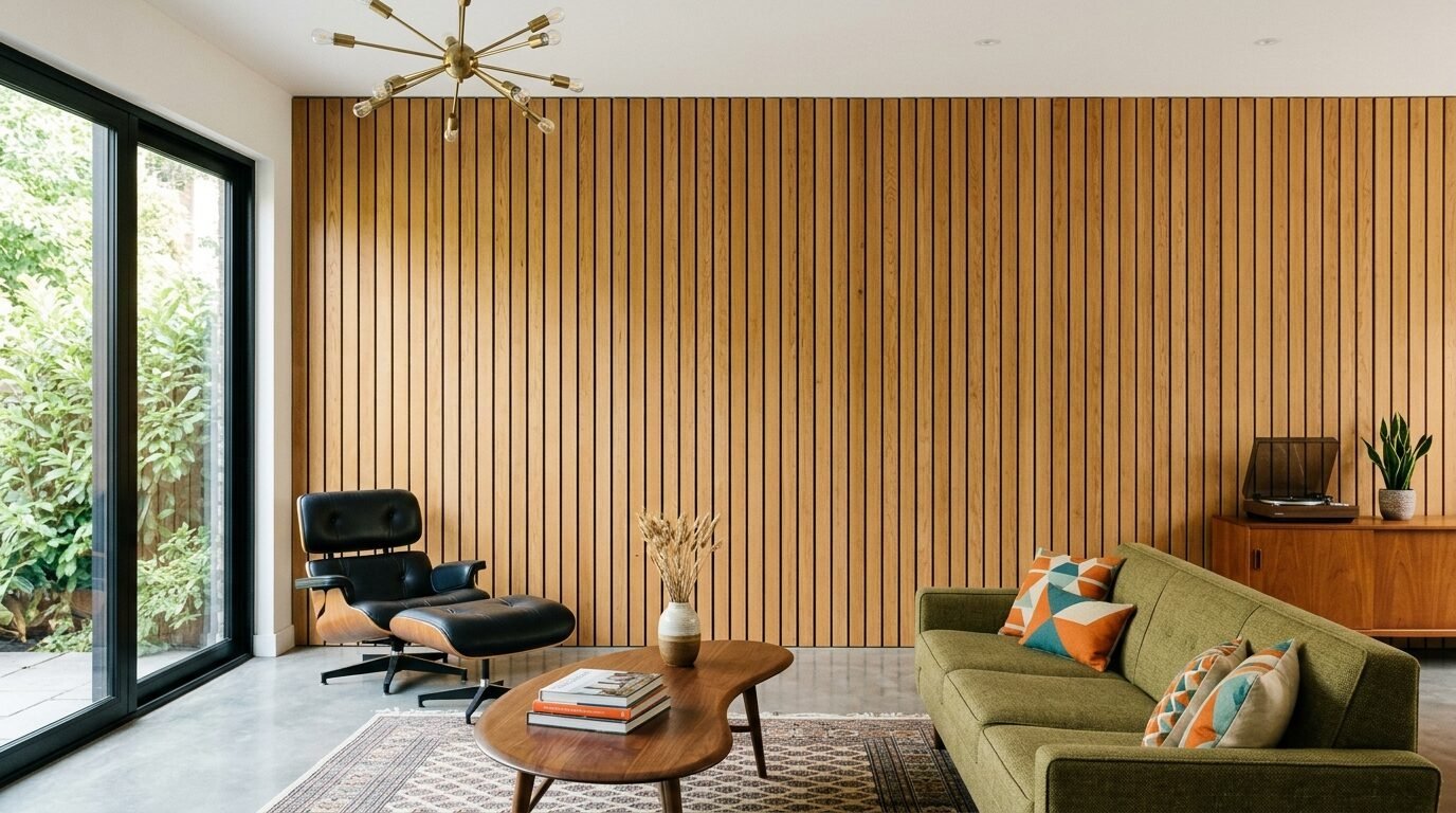 Mid-century modern room with a wooden slat accent wall, olive green couch, and a black leather Eames chair.